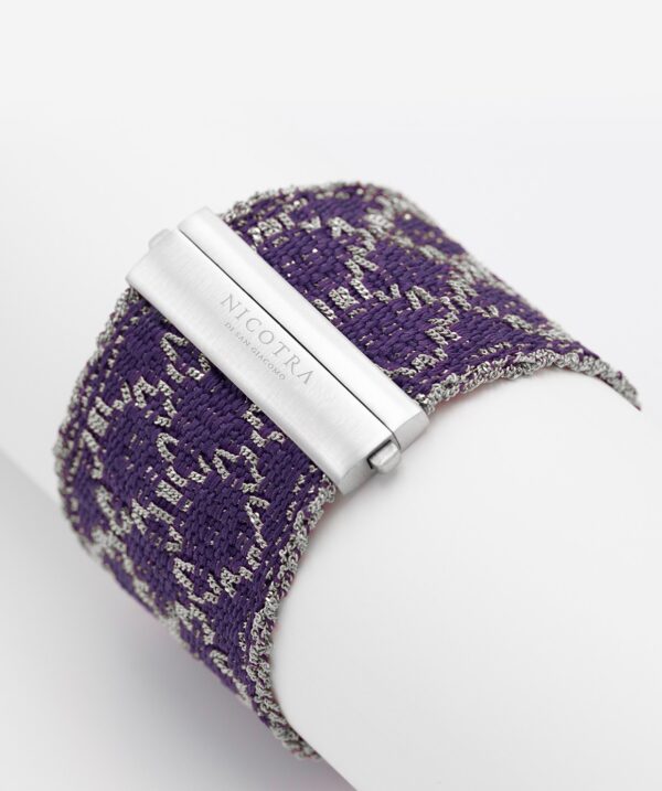 Bracciale ROMBO in Argento 925 Rodiato. Tessuto: Seta Viola