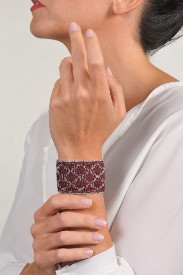 Bracciale ROMBO in Argento 925 Rodiato. Tessuto: Seta Bordeaux