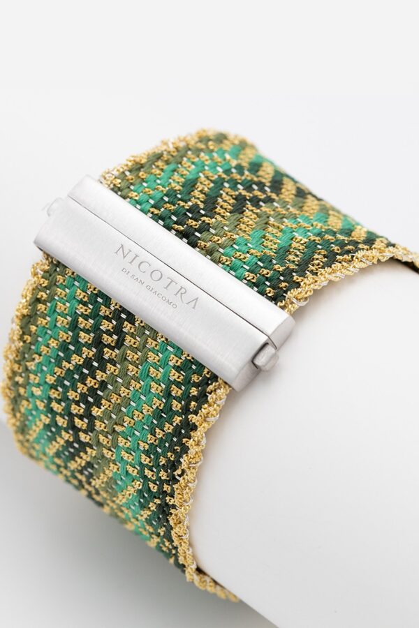 Bracciale ZIG ZAG in Argento 925 bagno oro Giallo 18Kt. Tessuto: Seta Toni di Verde