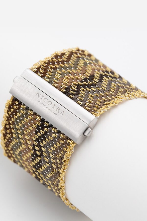 Bracciale ZIG ZAG in Argento 925 bagno oro Giallo 18Kt. Tessuto: Seta Toni di Marrone