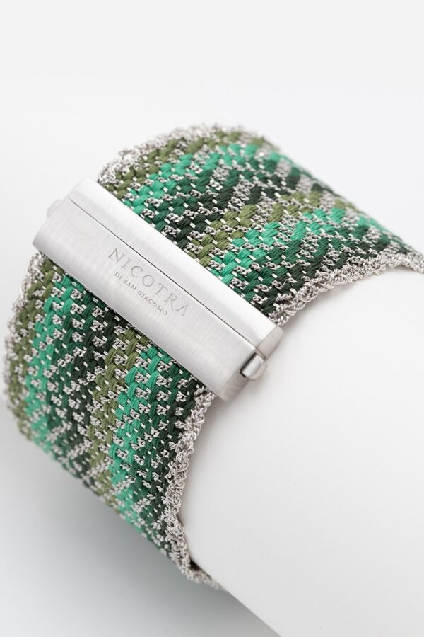 Bracciale ZIG ZAG in Argento 925 rodiato. Tessuto: Seta Toni di Verde