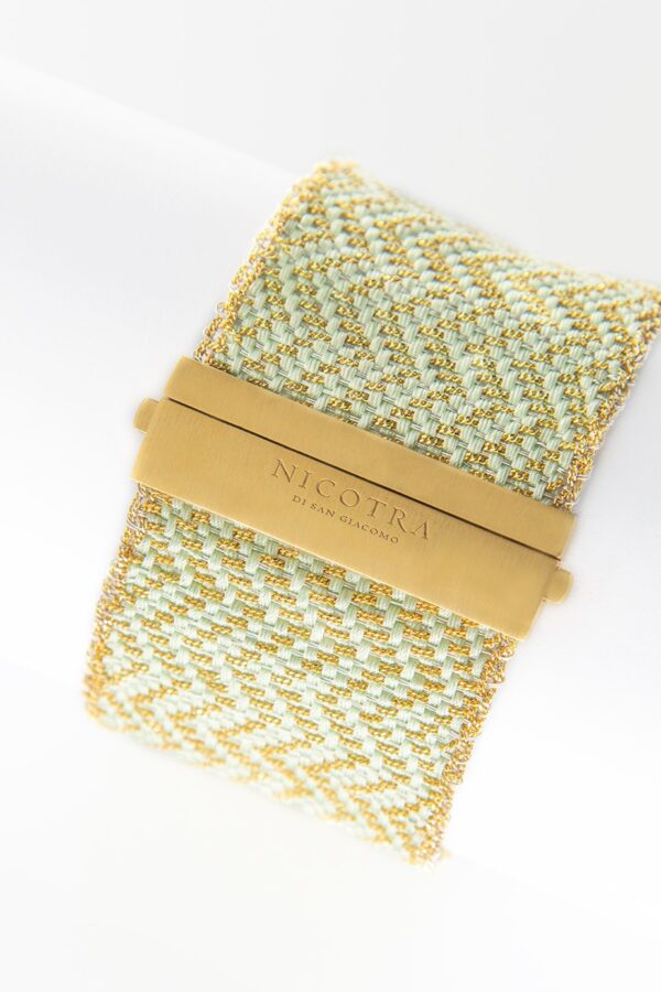 Bracciale ZIG ZAG in Argento 925 bagno oro Giallo 18Kt. Tessuto: Seta Acquamarina