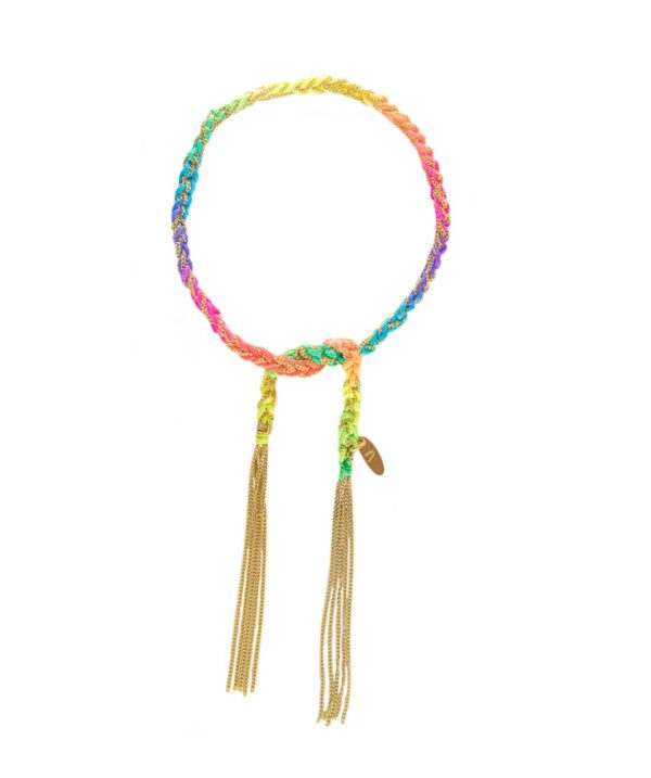 Bracciale TWIST in Argento 925 bagno oro Giallo 18Kt. Tessuto: Seta Multicolor Fluo