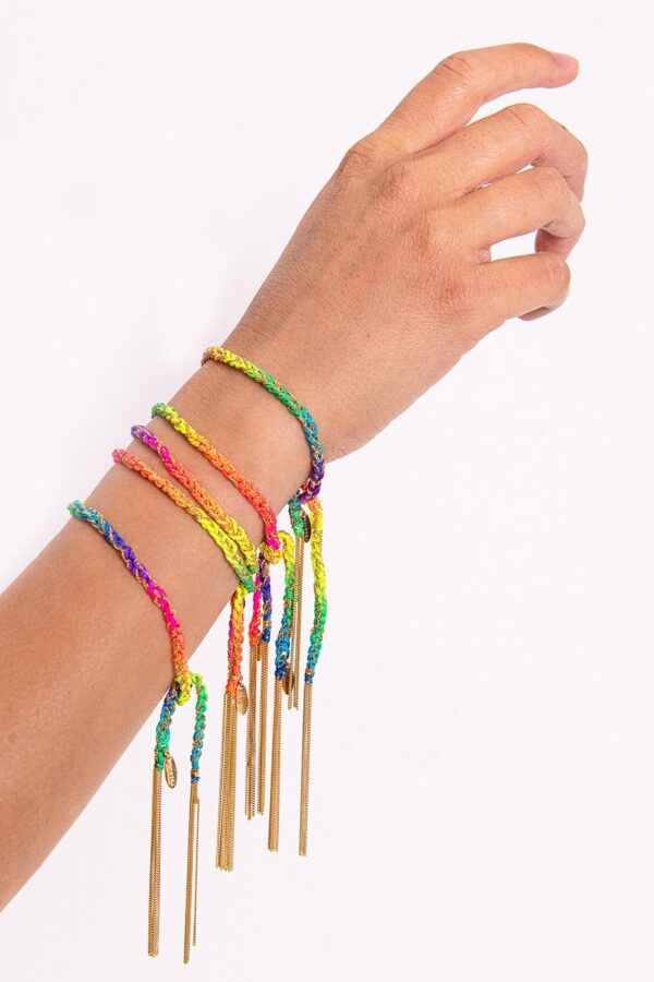 Bracciale TWIST in Argento 925 bagno oro Giallo 18Kt. Tessuto: Seta Multicolor Fluo